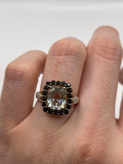9ct gold aquamarine, Smokey quartz and diamond ring