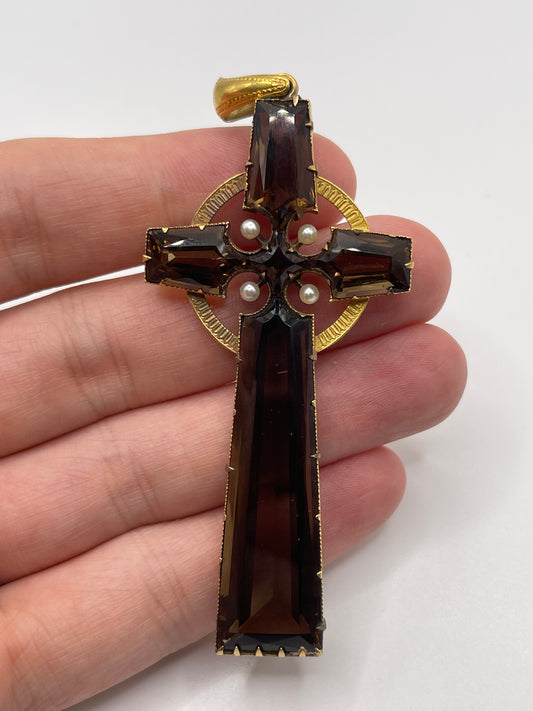 Antique 15ct gold Smokey quartz and pearl cross pendant