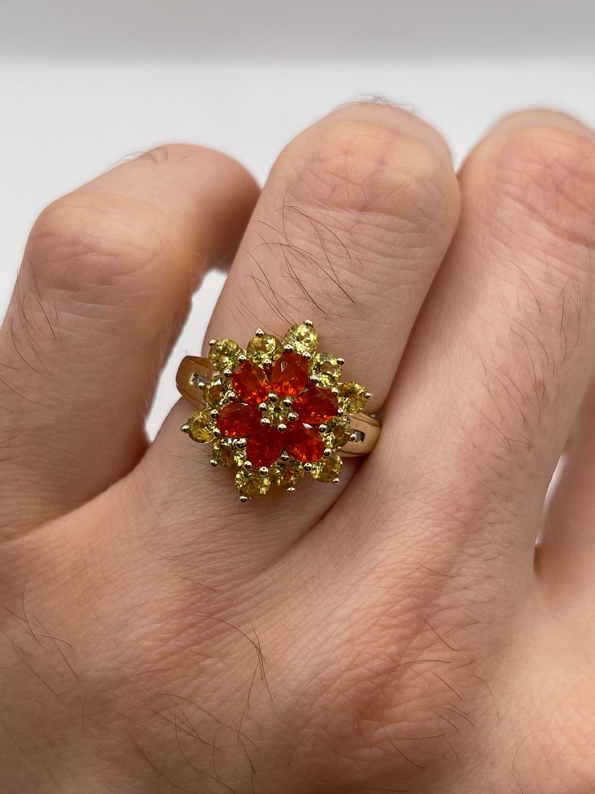 9ct gold fire opal, quartz and diamond ring