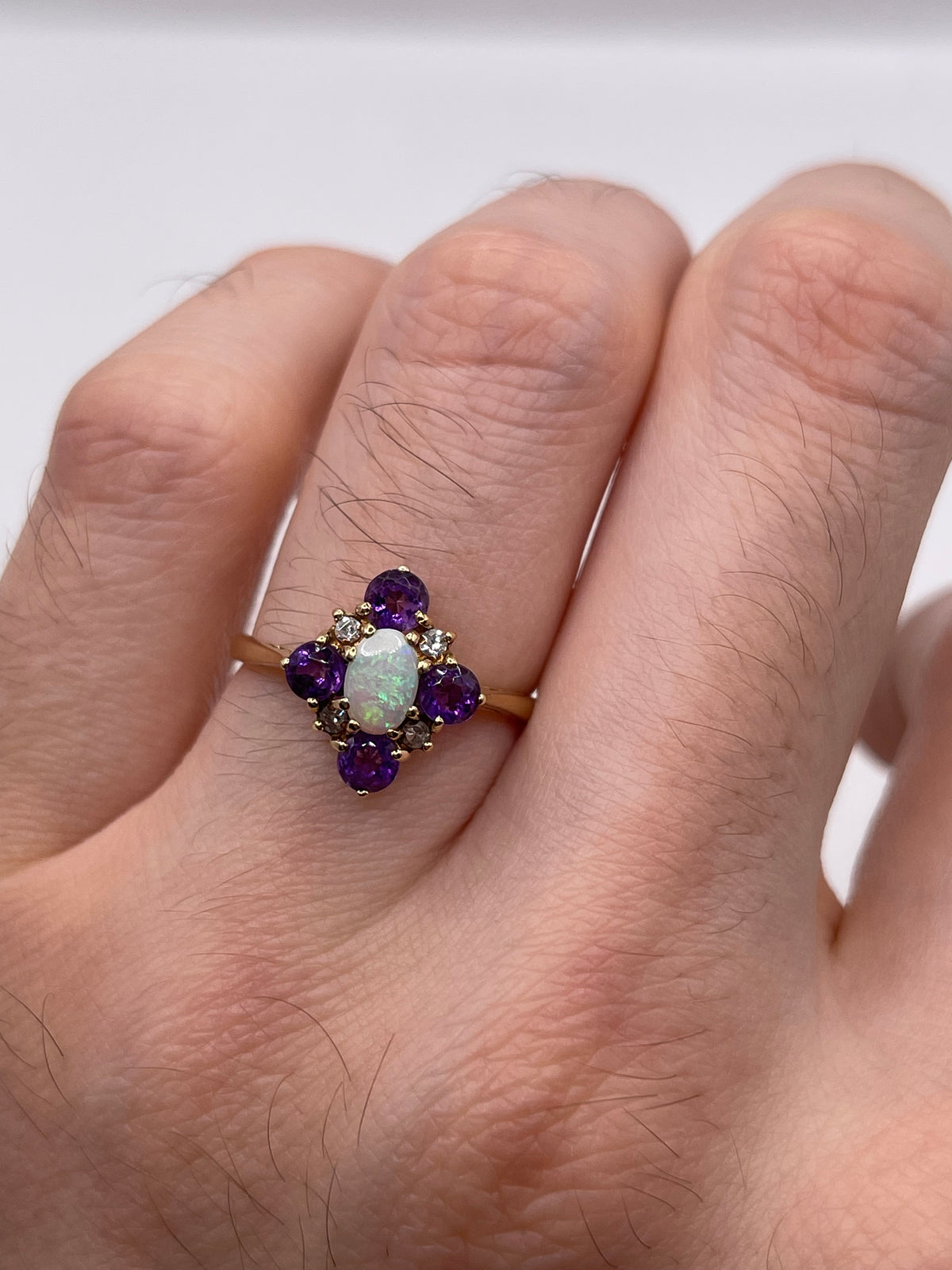 9ct gold opal, amethyst and diamond ring