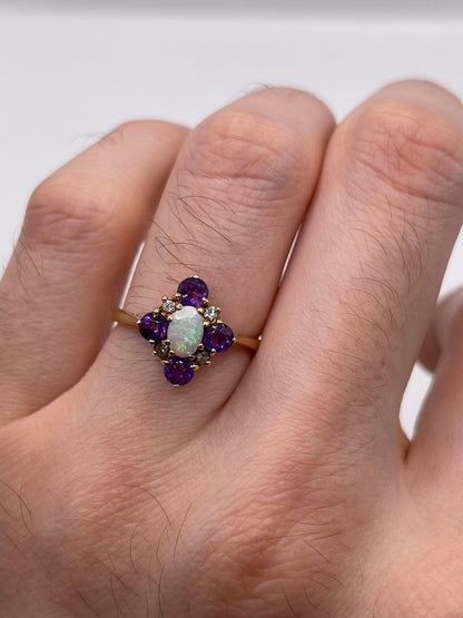 9ct gold opal, amethyst and diamond ring