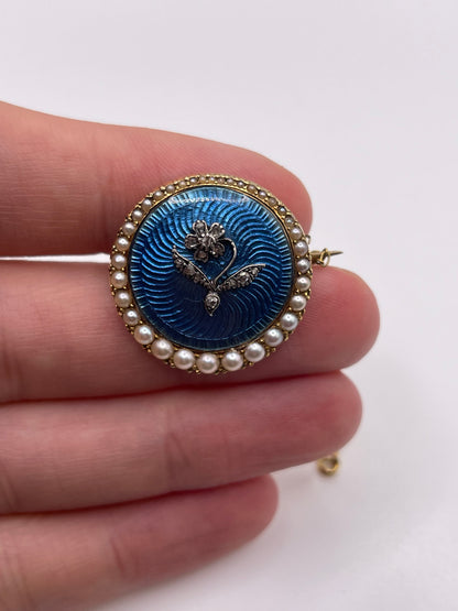 18ct gold enamel, pearl and diamond brooch