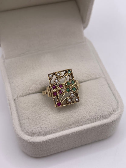9ct gold ruby, emerald and pearl ring