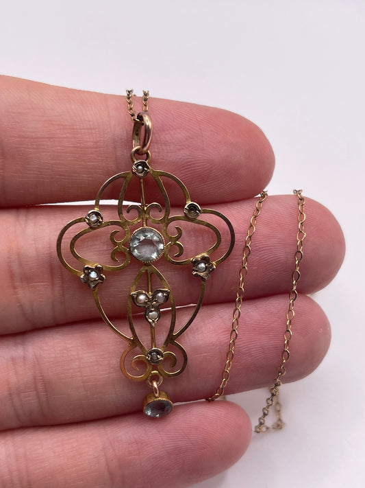 Antique 9ct gold topaz and pearl necklace