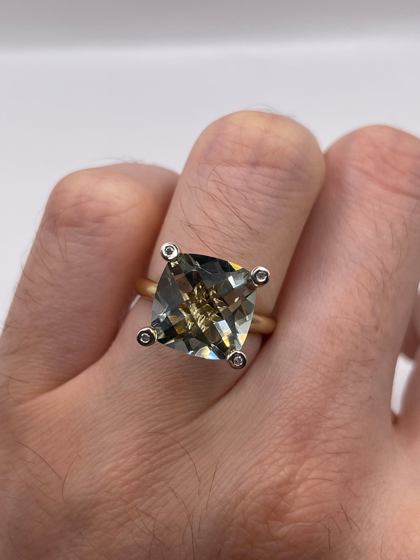 9ct gold green amethyst and diamond ring