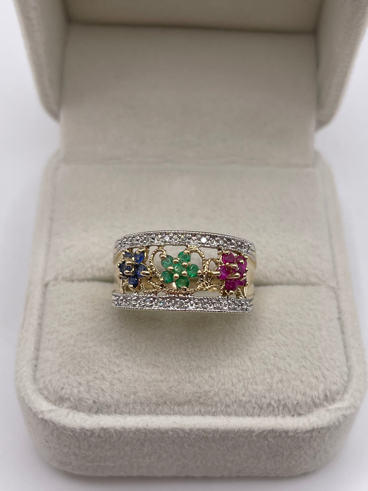 9ct gold sapphire, emerald, ruby and diamond ring