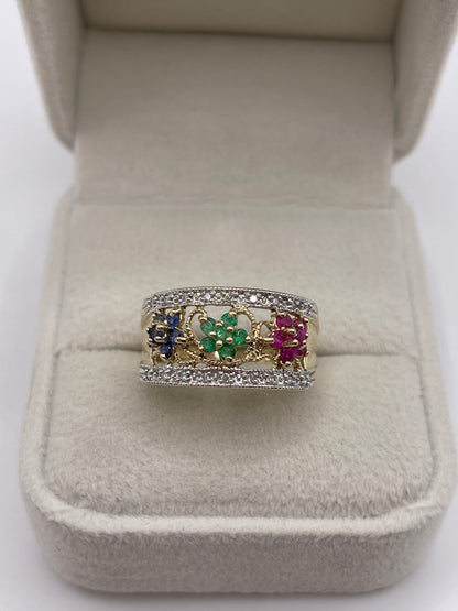 9ct gold sapphire, emerald, ruby and diamond ring