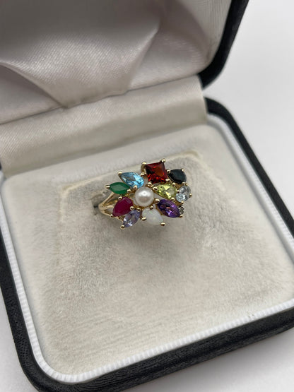 9ct gold multi gemstone cluster ring