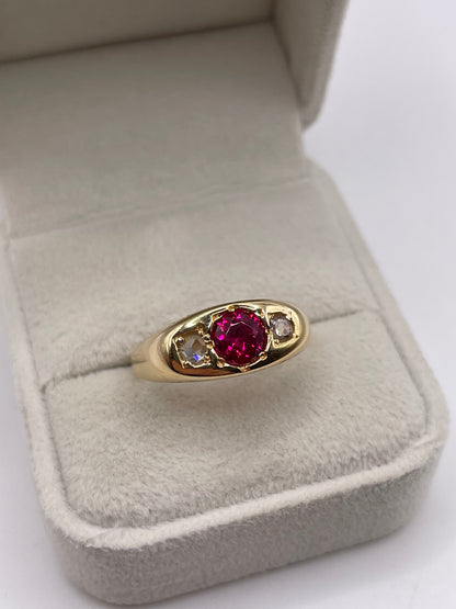 18ct gold synthetic ruby and rose cut diamond ring