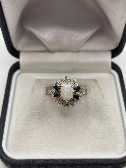 9ct gold opal, sapphire and diamond ring