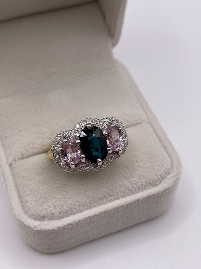 18ct gold sapphire, kunzite and diamond ring