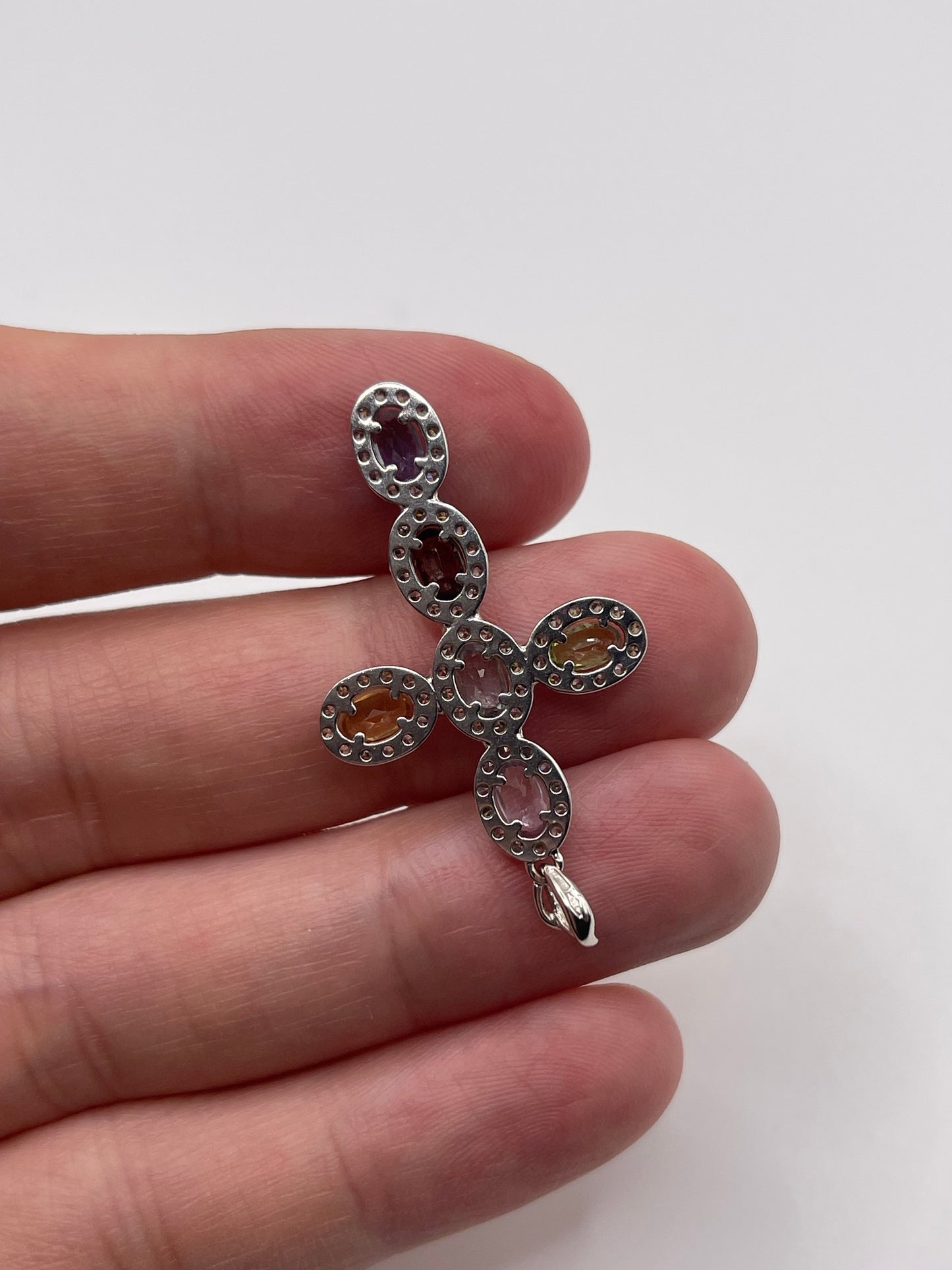 18ct white gold multi-gem and diamond cross pendant