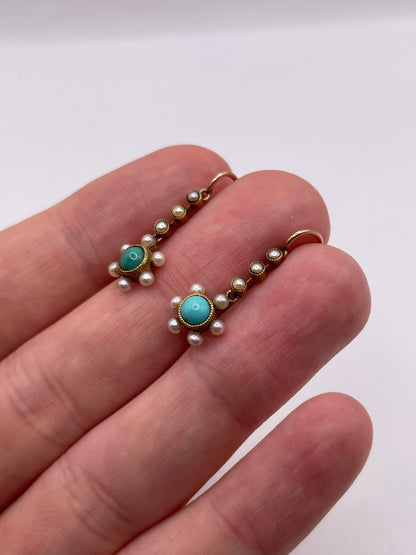 Antique 15ct gold turquoise and pearl earrings