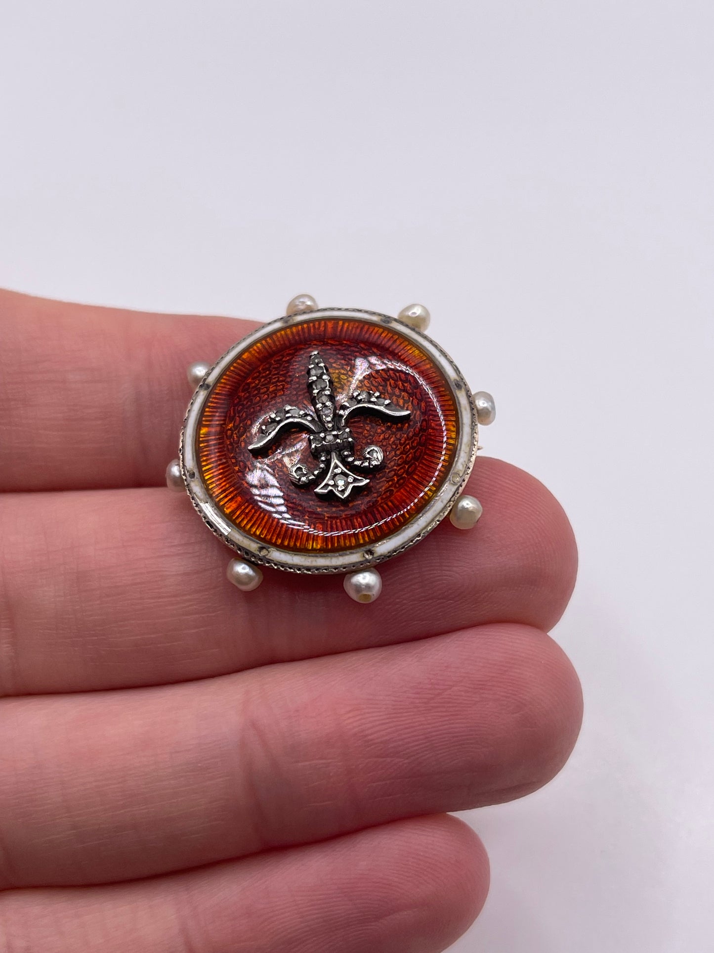 Antique 9ct gold enamel, diamond and pearl brooch