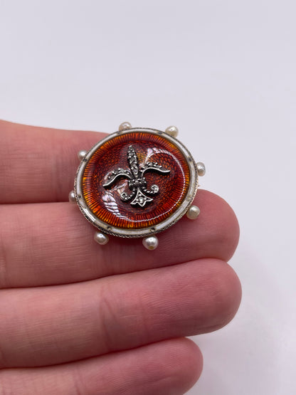 Antique 9ct gold enamel, diamond and pearl brooch