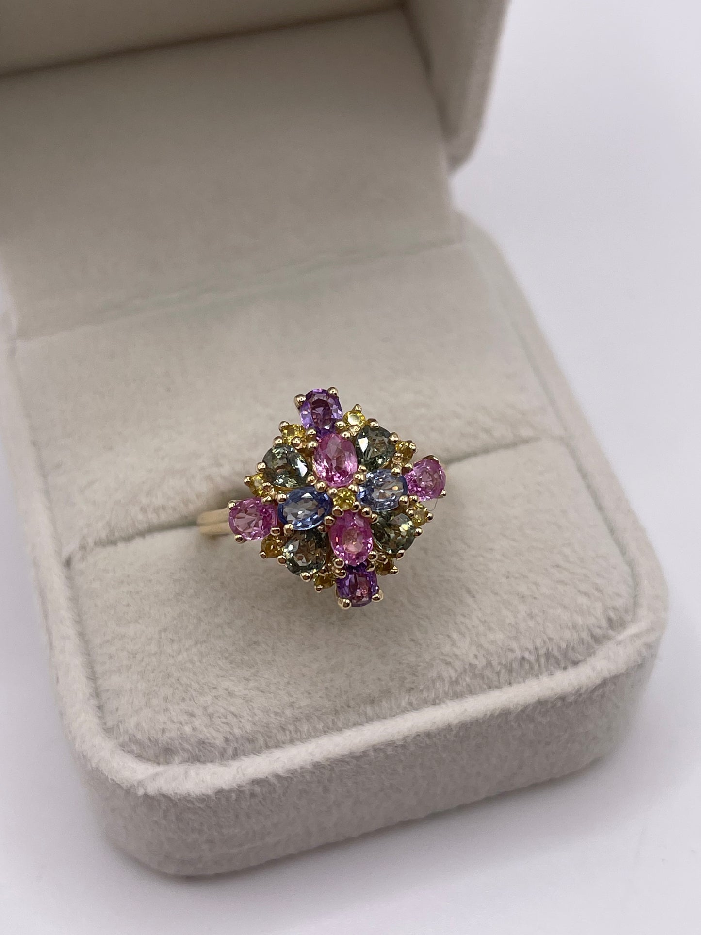 9ct gold multi coloured sapphire cluster ring