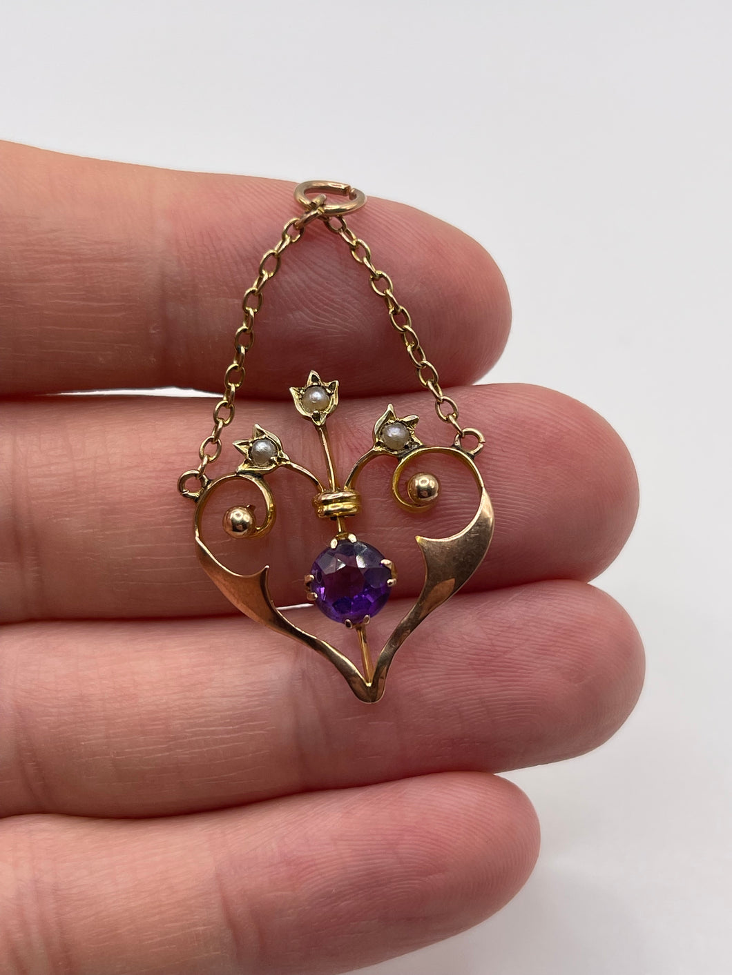 Antique 9ct rose gold amethyst and pearl pendant