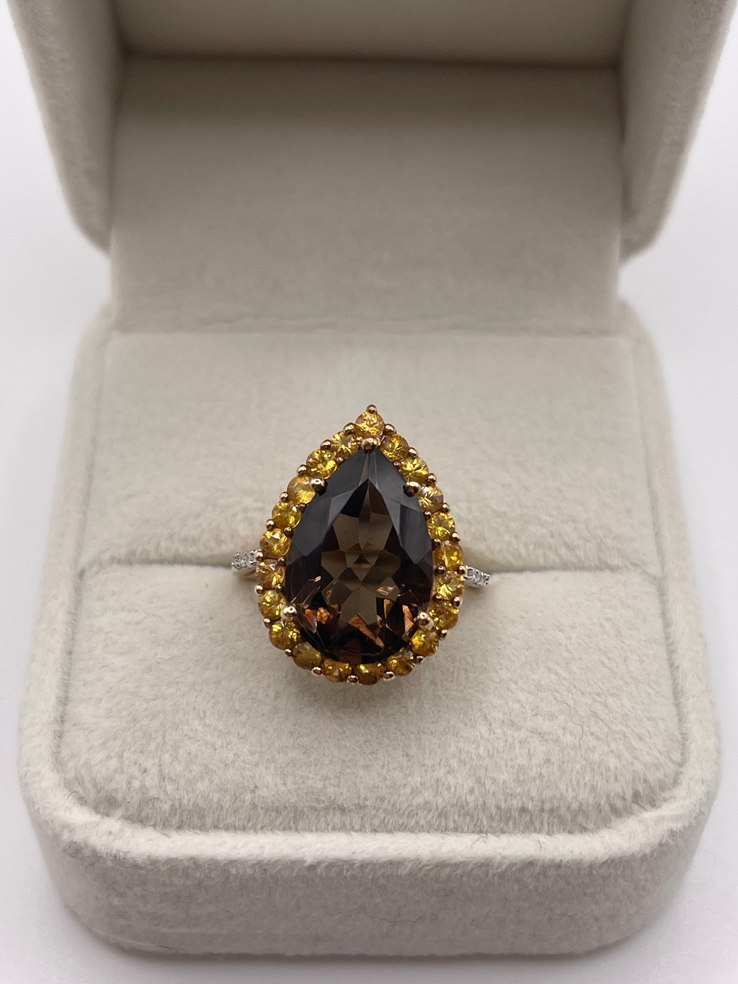 9ct gold Smokey quartz, citrine and diamond ring