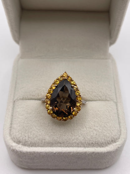 9ct gold Smokey quartz, citrine and diamond ring