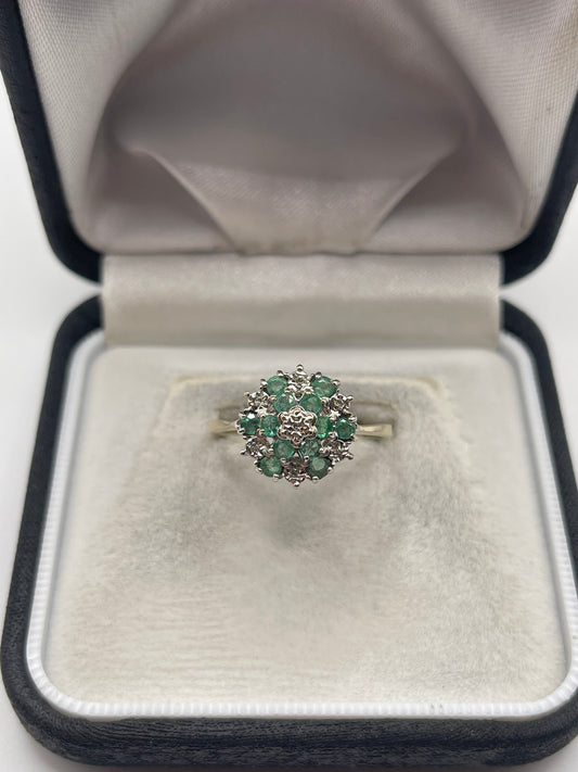 9ct gold emerald and diamond cluster ring