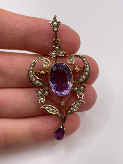 Antique 9ct gold amethyst and pearl pendant