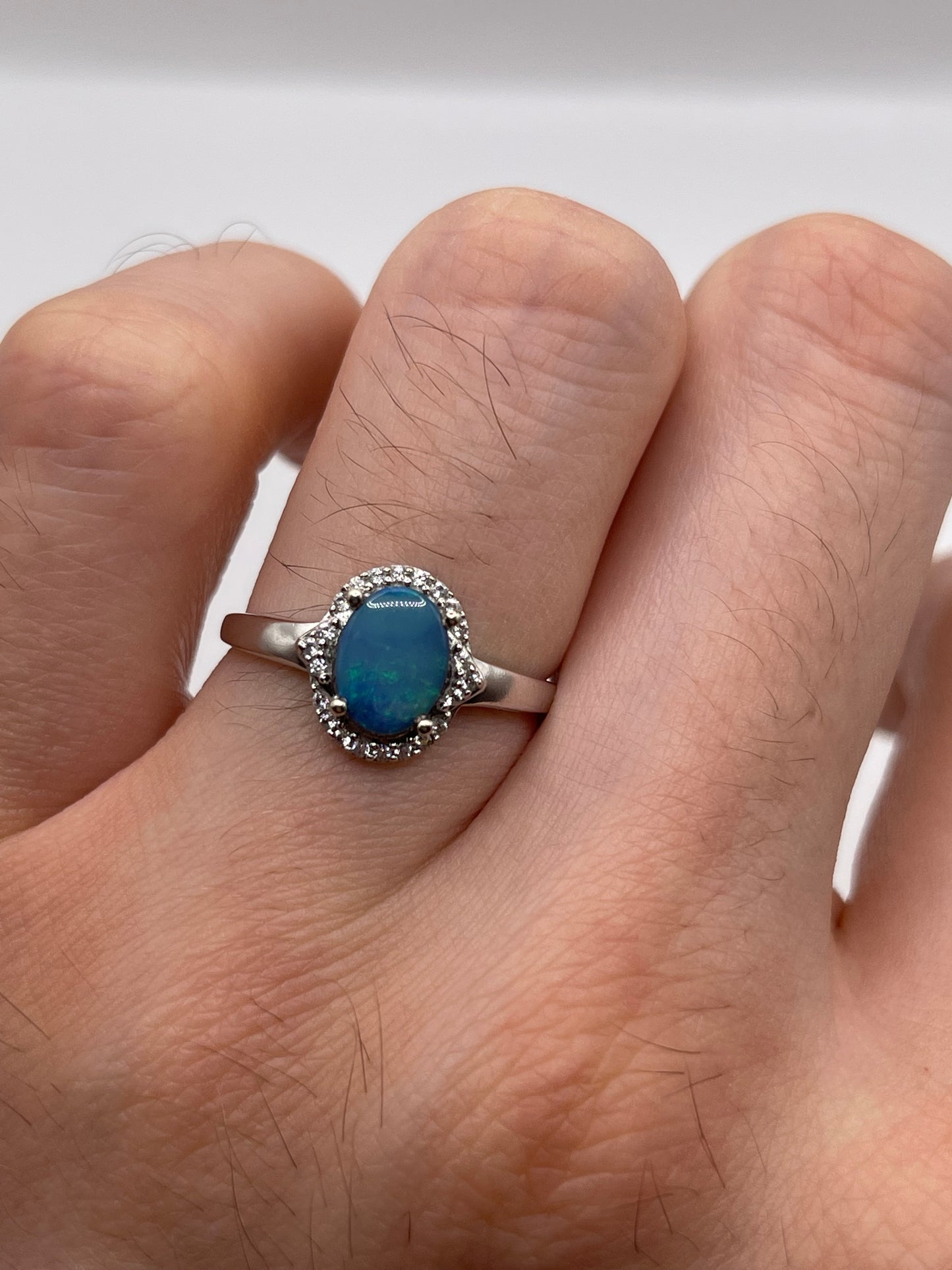 9ct white gold opal doublet and zircon ring