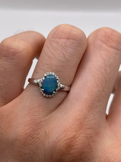 9ct white gold opal doublet and zircon ring