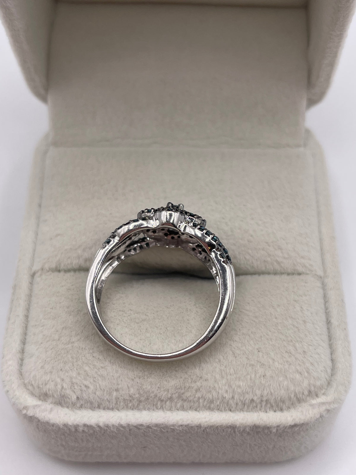 9ct white gold blue diamond cluster ring