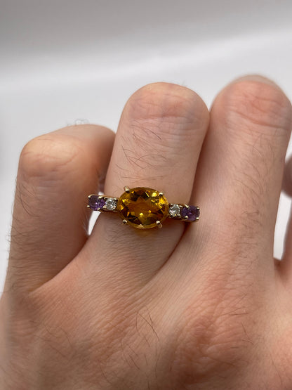 9ct gold citrine, amethyst and diamond ring
