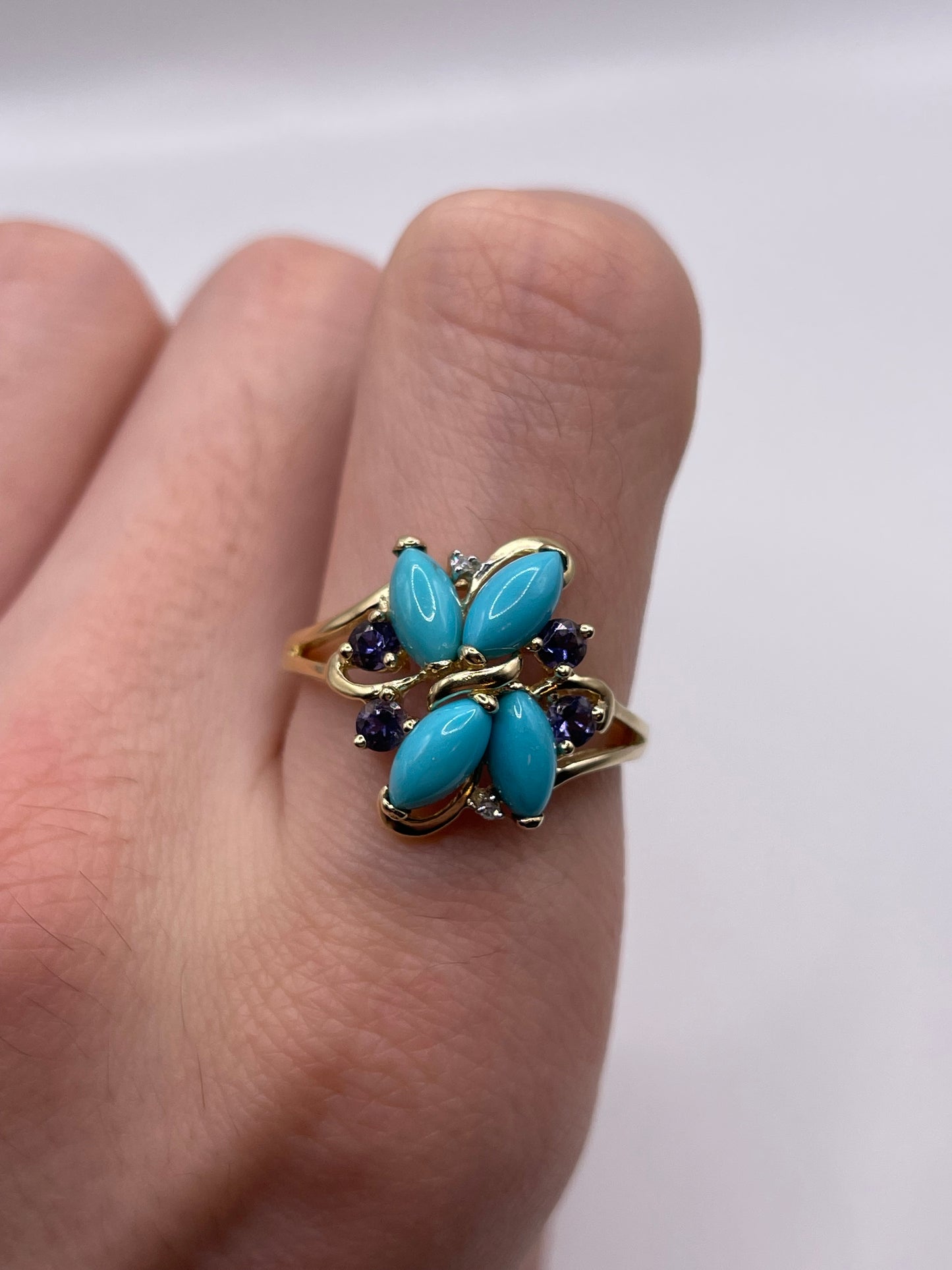 9ct gold turquoise, iolite and diamond ring