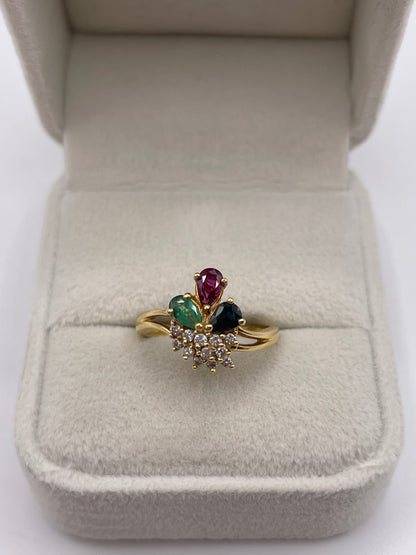 18ct gold ruby, sapphire, emerald and diamond ring