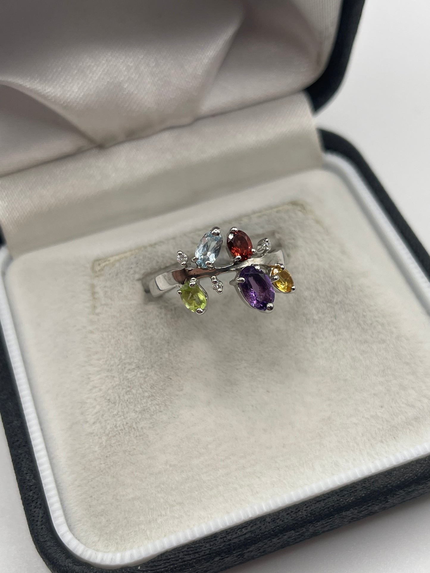 9ct white gold multi gemstone and diamond ring