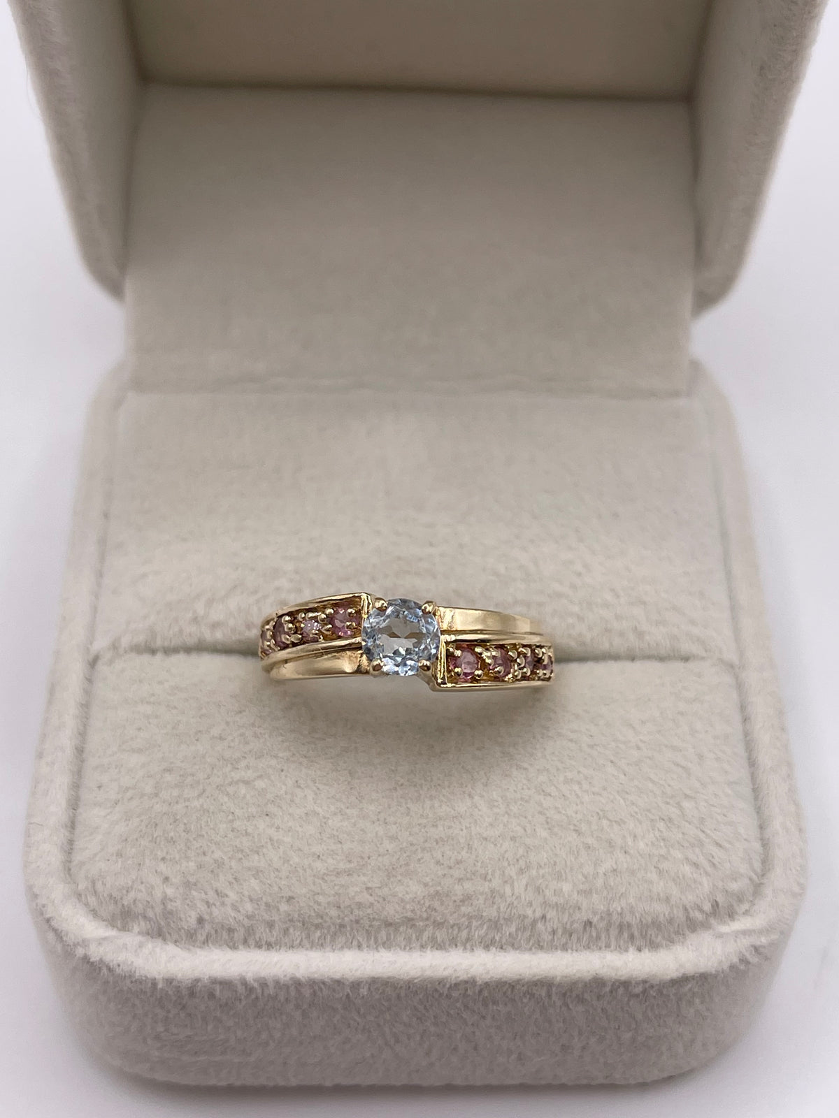 9ct gold aquamarine and pink sapphire ring