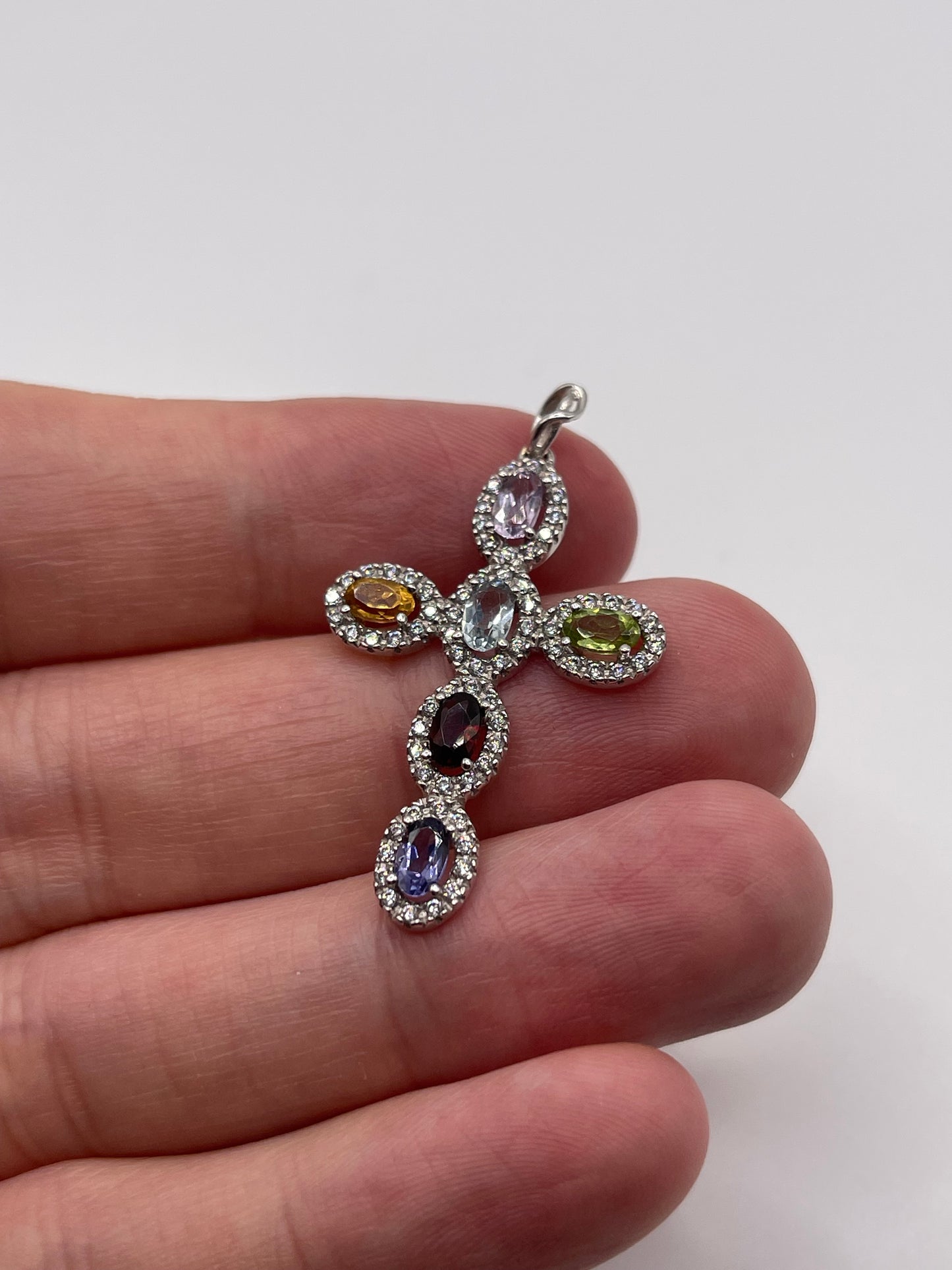 18ct white gold multi-gem and diamond cross pendant