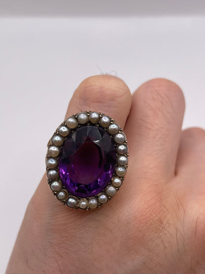 Antique 9ct gold amethyst and pearl ring