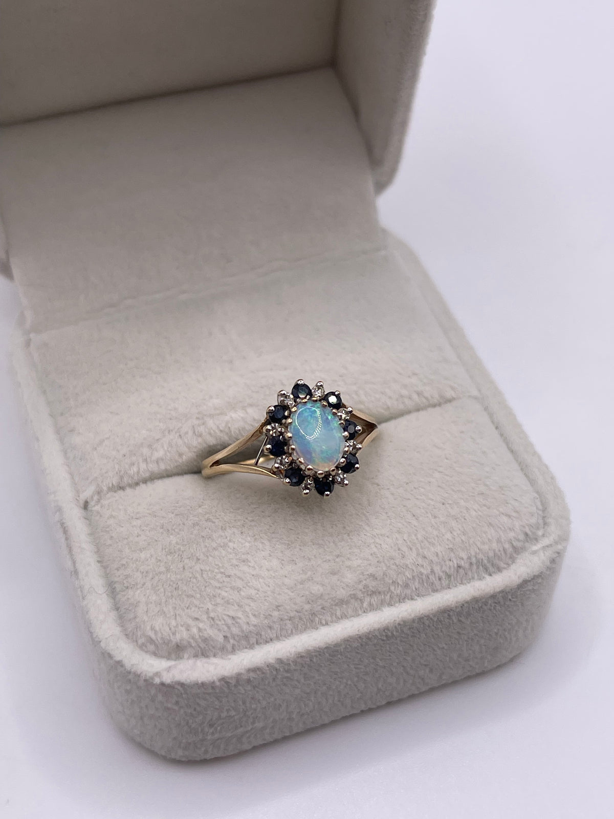 9ct gold opal, sapphire and diamond ring