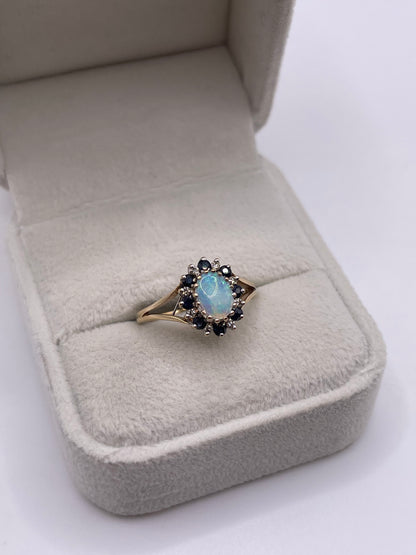 9ct gold opal, sapphire and diamond ring