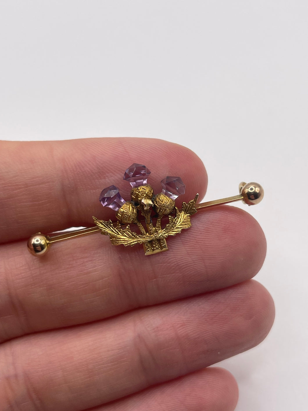 9ct gold amethyst thistle brooch