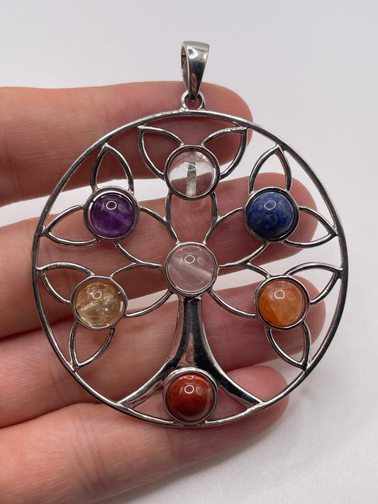 Silver gemstone tree pendant