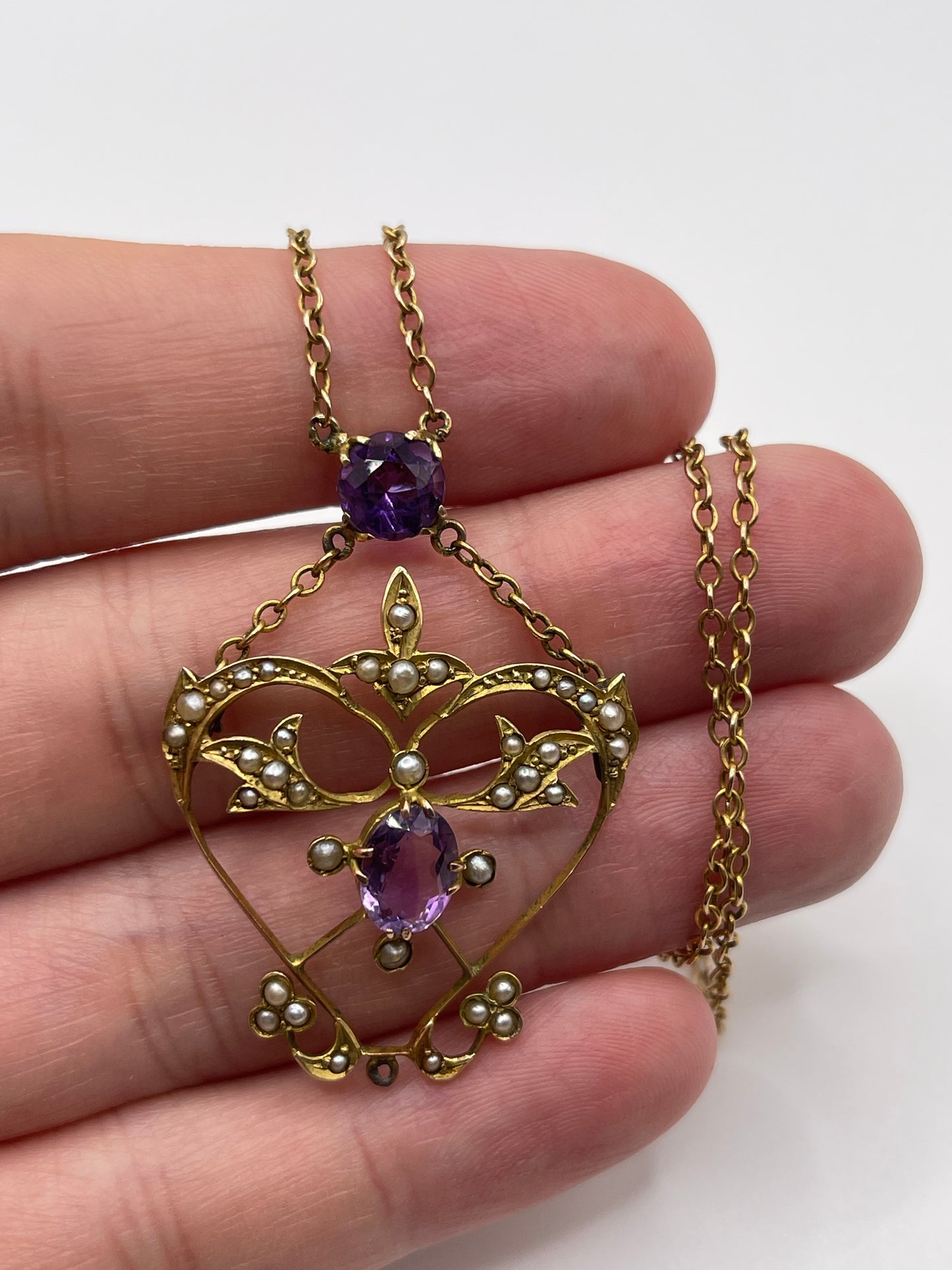 Antique 9ct gold amethyst and pearl necklace
