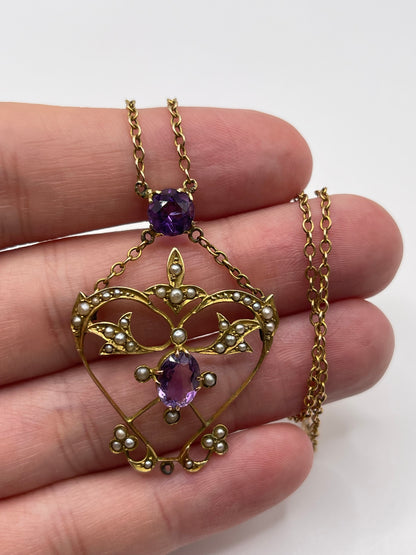 Antique 9ct gold amethyst and pearl necklace