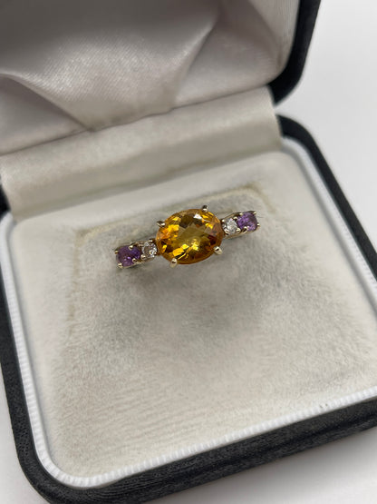 9ct gold citrine, amethyst and diamond ring