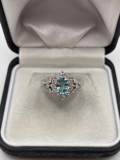 14ct white gold blue zircon and diamond ring