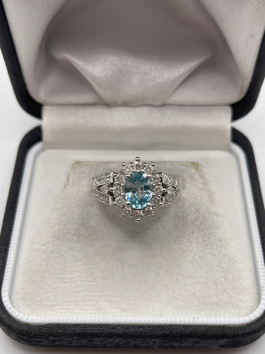 14ct white gold blue zircon and diamond ring