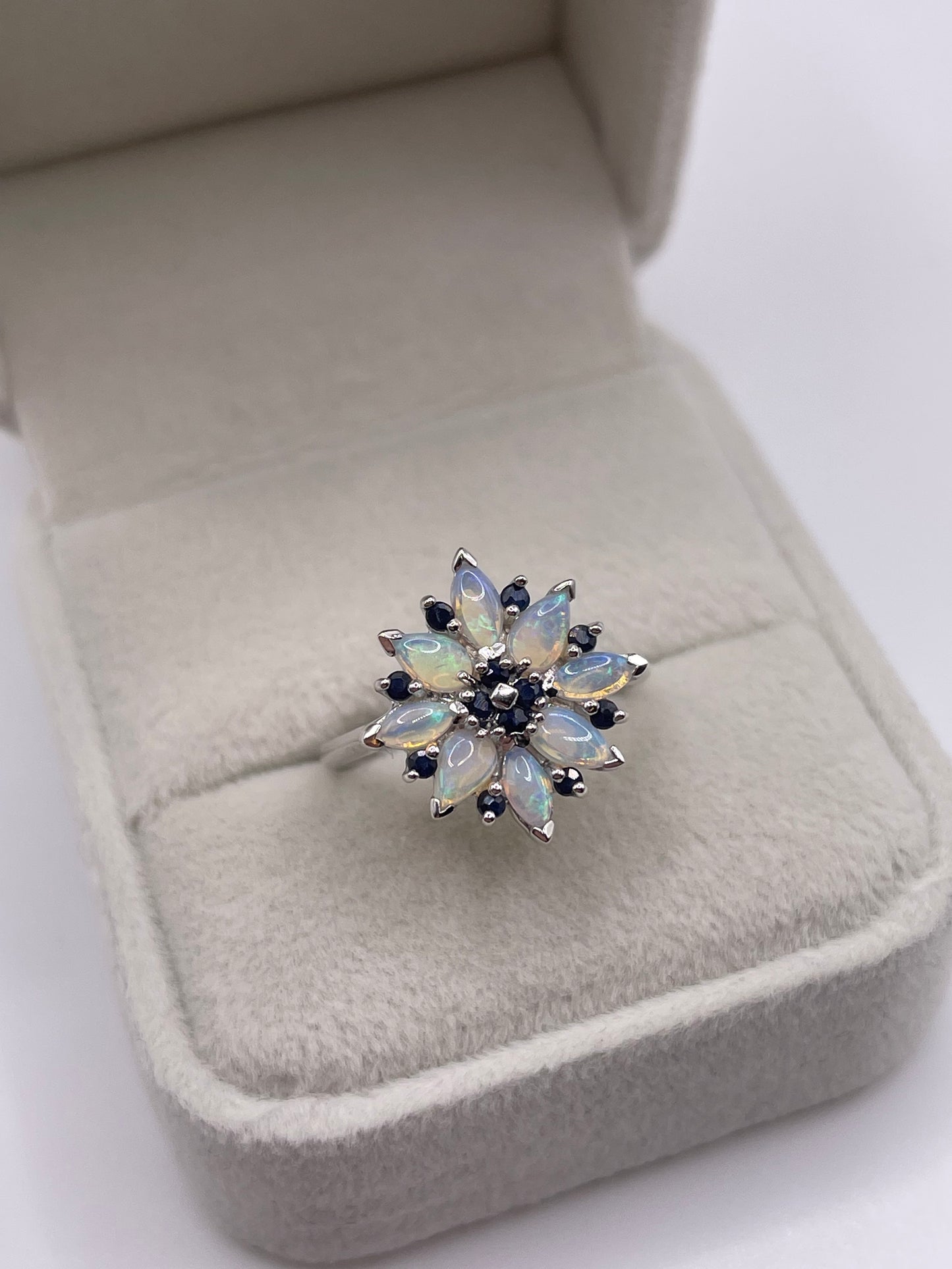9ct white gold opal and sapphire cluster ring