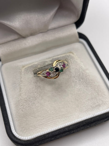 9ct gold ruby, sapphire, emerald and diamond ring