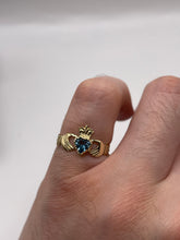 Load image into Gallery viewer, 9ct gold blue topaz claddagh ring
