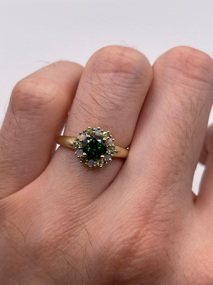 9ct gold diopside, peridot and opal ring