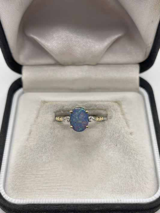 9ct gold black opal doublet and zircon ring