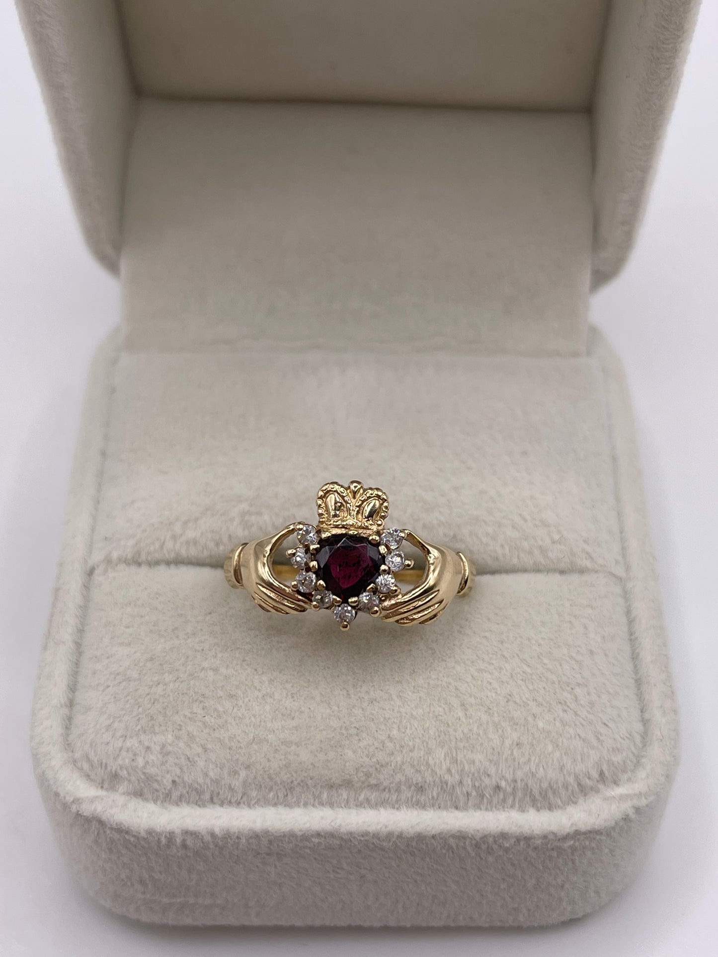 9ct gold garnet and cz claddagh ring